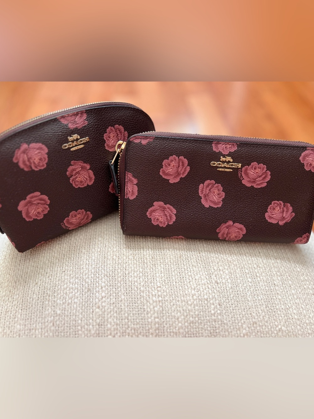 Gently Used Coach Oxblood Rose Print Wallet & Cosmetic Case Matching Set